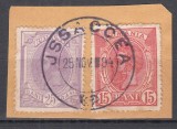 ROMANIA 1893 LP 51 REGELE CAROL SPIC DE GRAU FILIGRAN PR 15 BANI SI 25 BANI/FRAGMENT STAMPILA ISACCEA/25 NOV.1894, Stampilat