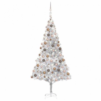 vidaXL Brad Crăciun pre-iluminat cu set globuri, argintiu, 240 cm, PET 3077612 foto