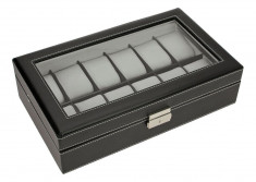 Cutie pentru ceasuri piele sintetica granulata geam de sticla si interior de catifea - Neagra foto