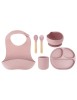 Set Diversificare Bebelusi Silicon Momi Ami Pink: Bol Ventuza, Farfurie, Tacamuri Lemn, Baveta - Sigur &amp; Practic 6+ Luni