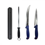 Cumpara ieftin Set profesional de macelarie, 2 cutite otel carbon, injunghiat, transat, degresat, masat pentru ascutit, suport magnetic