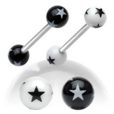 Piercing pentru limbă din oţel, bile din acrilic alb cu negru, cu steluţe - Culoare Piercing: Negru – Alb – KW