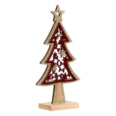 Decorațiune Crăciun Lemn, Model Brad Roșu, Detalii Glitter Auriu, 19cm