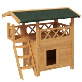PawHut Casa Pisici din Lemn cu Terasă și Scară, Verde, 77x50x73 cm