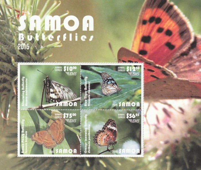 Samoa 2015 - Fauna , Insecte , Fluturi , bloc 4 valori , dantelate , MNH , Mi. Bl.89 , cota 120