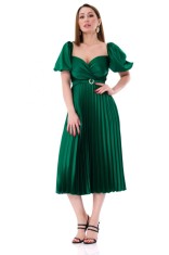 Rochie eleganta plisata midi din satin verde cu maneca scurta Adelina - S(36)