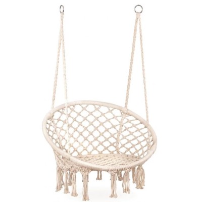 Scaun rotund tip leagan suspendat pentru casa sau gradina, cu franjuri, 150kg, crem Household NewTrend foto