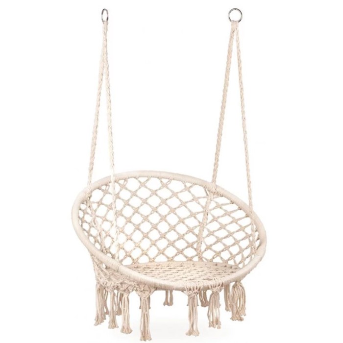 Scaun rotund tip leagan suspendat pentru casa sau gradina, cu franjuri, 150kg, crem Household NewTrend