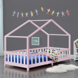 Cumpara ieftin Pat Copii Treviolo tip Casuta Montessori, Dimensiuni 90x200cm, Lemn de Brad, Culoare Roz/Alb, [en.casa]