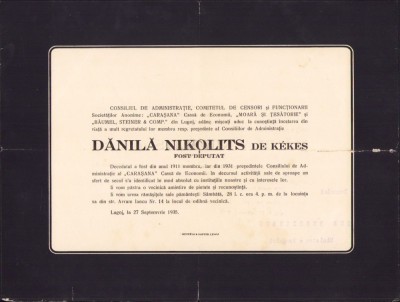 A292 Ferpar deputat Dănilă Nikolits de K&amp;eacute;kes, 1935, Lugoj foto