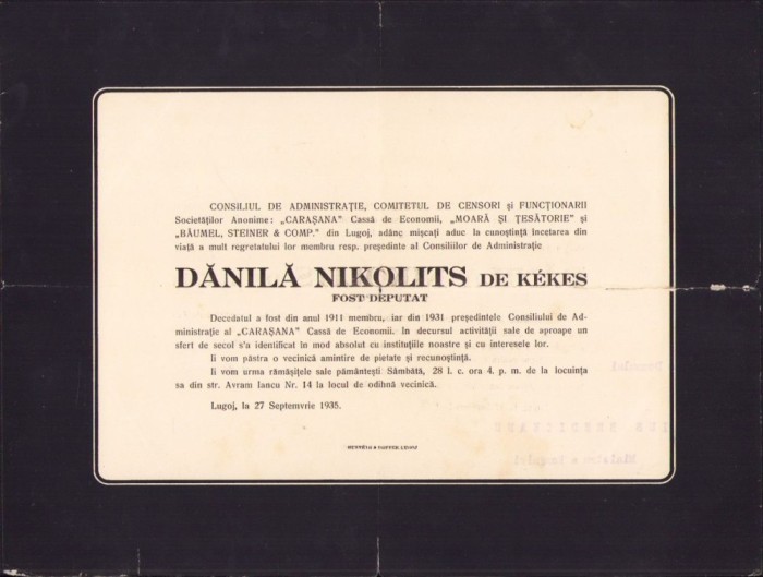 A292 Ferpar deputat Dănilă Nikolits de K&eacute;kes, 1935, Lugoj