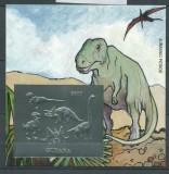 GUYANA 1993 ANIMALE PREISTORICE DINOZAURI JURASIC SILVER FOIL MICHEL 50 EURO, Nestampilat