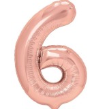 Balon din folie metalizata flippy, figurina cifra, tema aniversare 40 cm, ambalaj individual, pai inclus, umflare cu aer sau heliu, roz gold, cifra 6