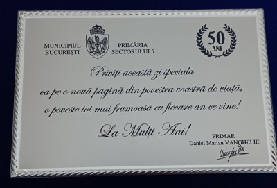 D16 28 - Placheta - tematica omagiala - oferita de primar Vanghelie la 50 ani foto