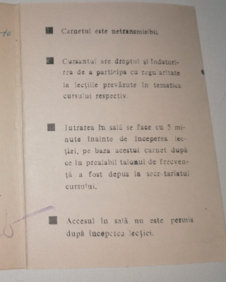 CARNET DE CURSANT ANII 70 , UNIVERSITATEA POPULARA BUCURESTI foto