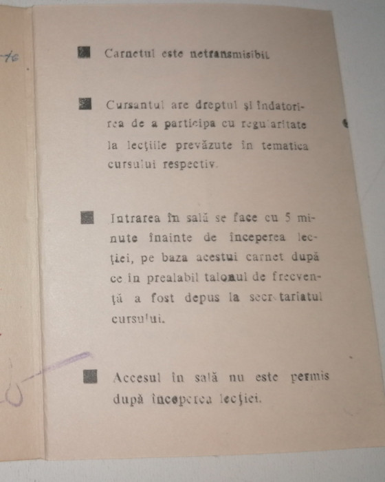 CARNET DE CURSANT ANII 70 , UNIVERSITATEA POPULARA BUCURESTI