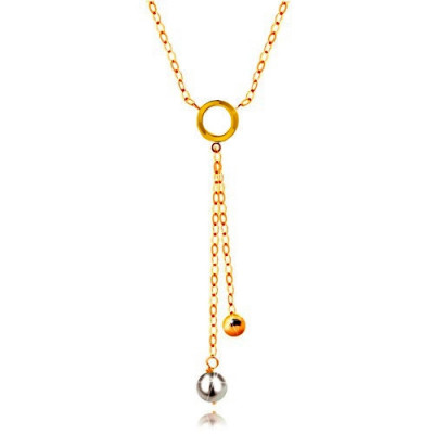 Colier din aur de 14K &amp;ndash; perlă albă și bilă strălucitoare pe lanț, cerc plat foto