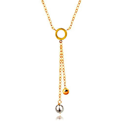 Colier din aur de 14K &ndash; perlă albă și bilă strălucitoare pe lanț, cerc plat