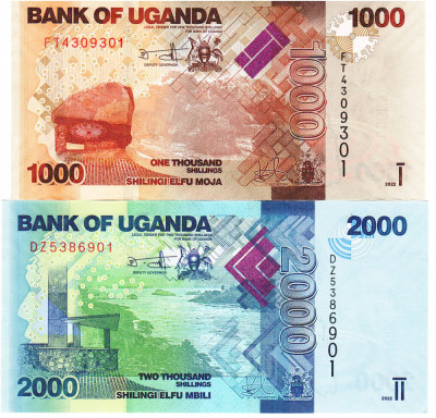 Uganda Set 1 000-2 000 Shilingi 2022 P 49-50 UNC foto