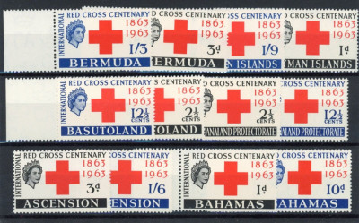 CRUCEA ROSIE-1963-Centenarul din BERMUDA-CAYMAN-BASUTOLAND-ASCENSION-BAHAMAS foto