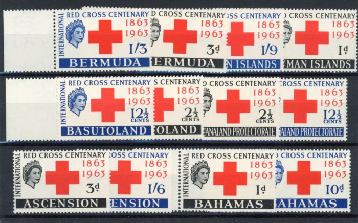 CRUCEA ROSIE-1963-Centenarul din BERMUDA-CAYMAN-BASUTOLAND-ASCENSION-BAHAMAS