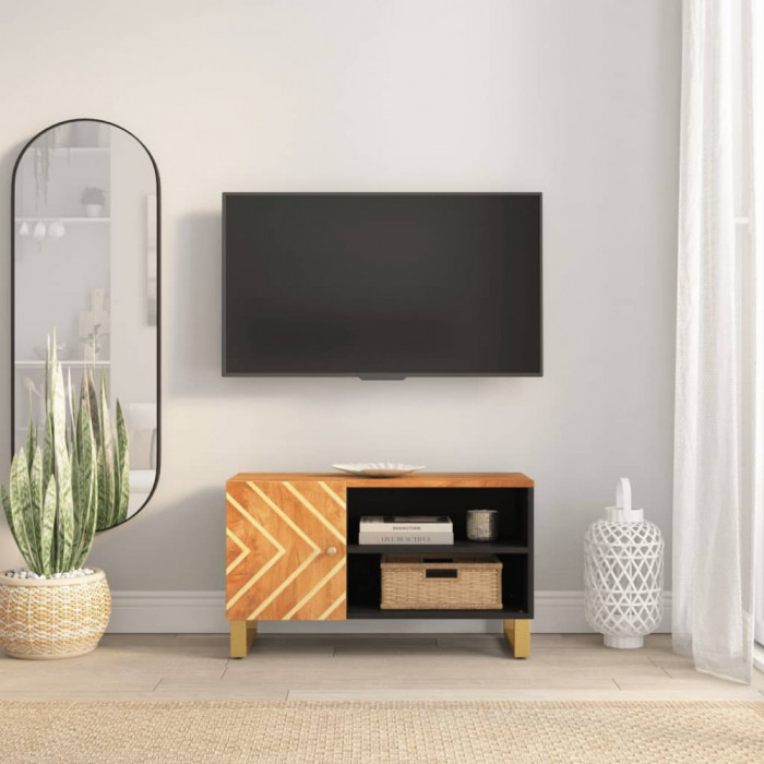 Dulap TV, maro si negru, 80x31,5x46 cm, lemn masiv de mango