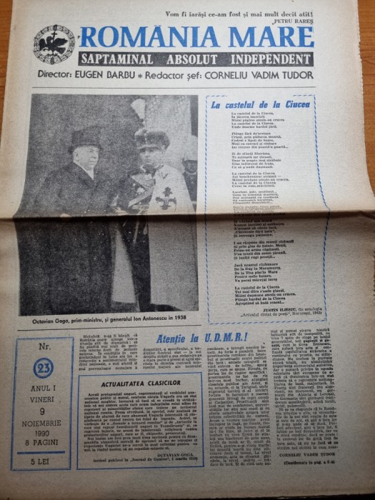 ziarul romania mare 9 noiembrie 1990-redactor sef corneliu vadim tudor
