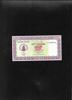 Rar! Zimbabwe 50000 50 000 dollars 2006 bearer cheque unc seria0665923 foto