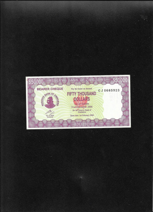 Rar! Zimbabwe 50000 50 000 dollars 2006 bearer cheque unc seria0665921