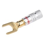 Mufa banana in U tip furca tata 4mm metal cu surub si inel rosu