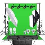 Cumpara ieftin Kit studio foto video cu fundal verde chroma key, 2 softboxuri, 2 umbrele, 2 becuri fluorescente 45W 5500K si 2 becuri LED RGB 45W, suport 200 cm, gen