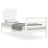 Cadru de pat cu tablie single, alb, lemn masiv