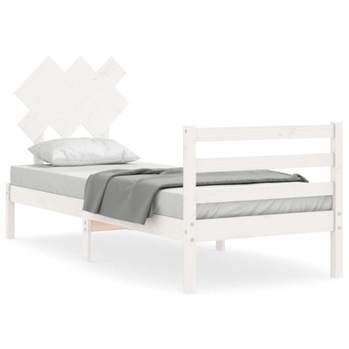 Cadru de pat cu tablie single, alb, lemn masiv