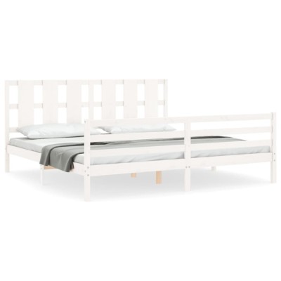 Cadru de pat cu tablie Super King Size, alb, lemn masiv foto