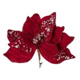 Floare decorativă de Crăciun, roșie, cu mărgele albe și clips, 24 cm, CMCLASS