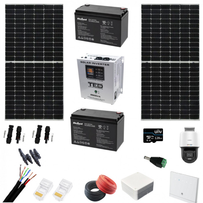 Kit complet Fotovoltaic Monocristalin, Acumulatori 12V 100AH, Invertor 1800W + CADOU Camera de supraveghere IP, Color Noaptea 30m, lentila 2.8mm si Ro