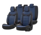 Cumpara ieftin Set huse scaune auto textil cu piele ecologica LINE Design - Neagra cu cusatura albastra, pentru scaune fata si spate