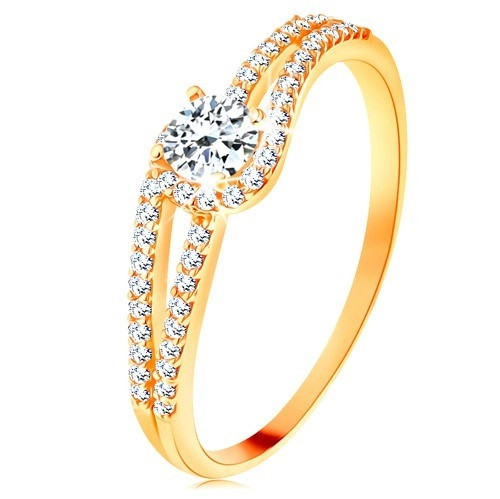 Inel din aur 375 cu brațe strălucitoare despicate, zirconiu transparent - Marime inel: 56