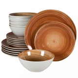 Set farfurii 18 piese, Earth, Cesiro, Alb Ivoire lucios cu maro