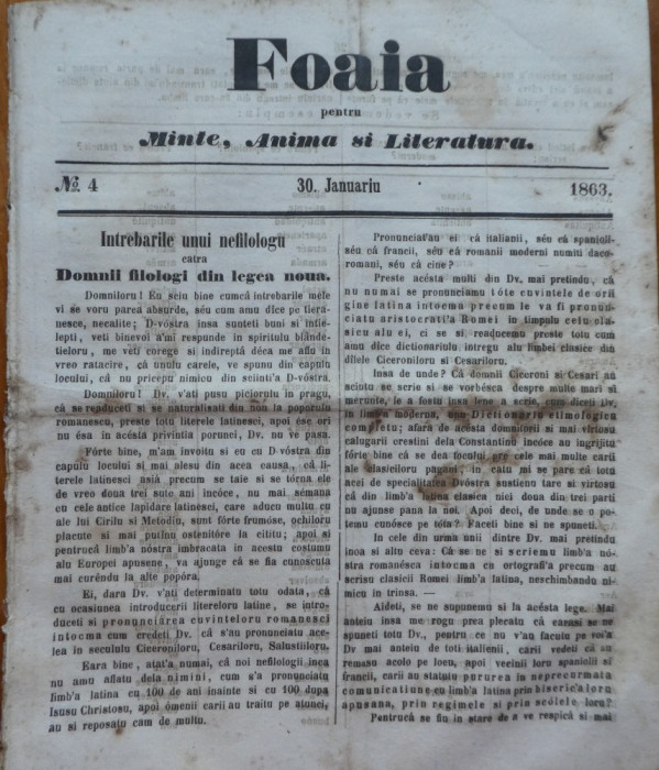 Foaia pentru minte , inima si literatura , nr. 4 , 1863 , Grigore Alexandrescu