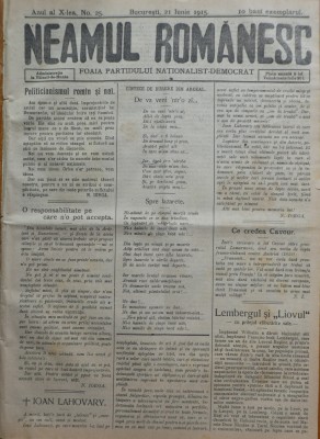 Ziarul Neamul romanesc , nr. 25 , 1915 , din perioada antisemita a lui N. Iorga foto