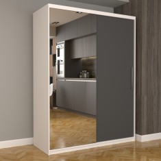 Dulap Dormitor Nova Eco 150 cm x 200 cm, cu oglinda, alb cu usi glisante gri