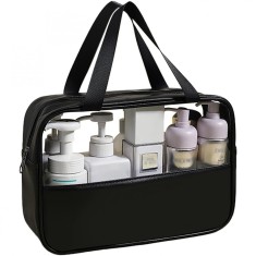 Geanta cosmetice Cyrax, pentru voiaj sau organizare, material PVC/textil, impermeabila, portabila, 30X21X12 cm, negru