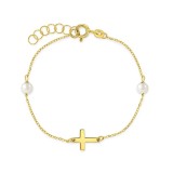 Bratara din Aur 14K pentru Bebelusi si Copii, cu cruciulita si perle albe de cultura, ajustabila 13&ndash;15 cm