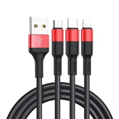 Cablu Incarcare USB - Lightning / USB Type-C / Micro USB 1 m, Negru-Rosu