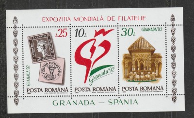 Romania 1992 - #1283 Expozitia Mondiala de Filatelie Granada &amp;#039;92 M/S 1v MNH foto