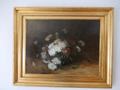 Alfred ROUBY (1849-1909) &amp;quot;Crizanteme&amp;quot;, ulei/panza, rama veche lemn cu foita aur foto