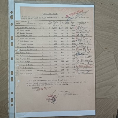 LISTA DE PLATA SEMNATA DE LUCIA STURDZA BULANDRA SI ALTI 17 ACTORI-1951. foto