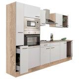 Mobilier de bucătărie Yorki 300, cu corp din stejar Sonoma și fațade albe cu finisaj satinat, fără blat de lucru