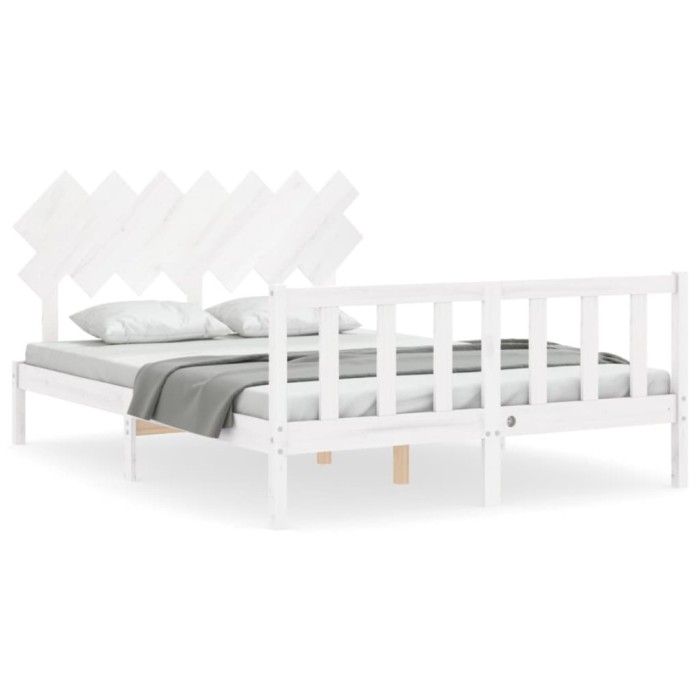 Cadru de pat cu tablie, alb, king size, lemn masiv